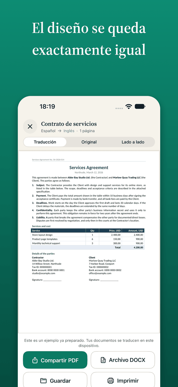Un documento traducido que conserva el formato del original