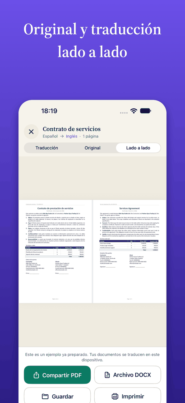 El original y la traducción mostrados lado a lado